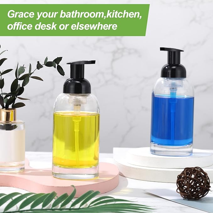 Eccliy 4 Pack 13 oz Foaming Hand Soap Dispenser Clear Glass Jar Soap Dispenser with Foaming Pump, Clear Thick Hand Liquid Dish Pump Round Bottles for Bath Home Kitchen Oil Lotion