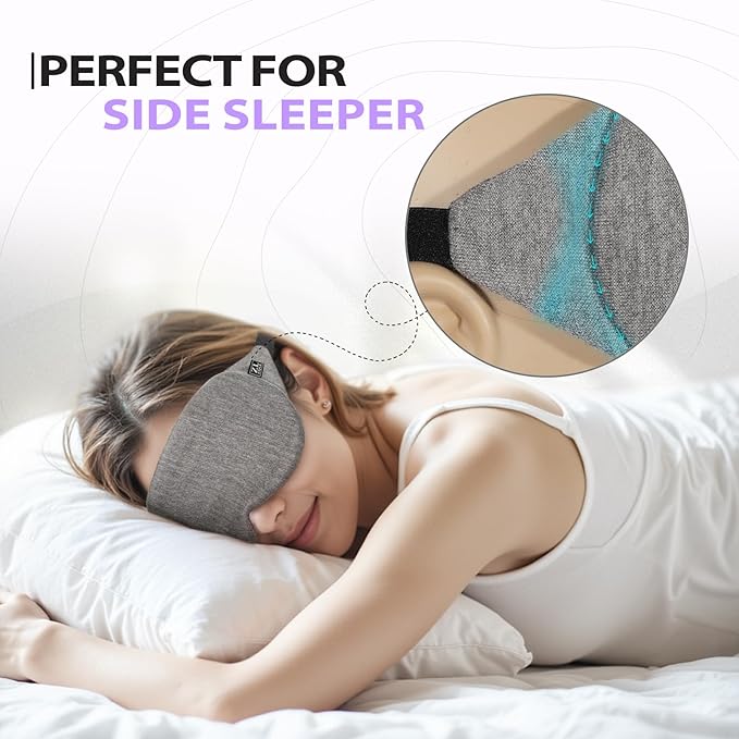 ZLZQER Cool Touch Cotton Eye Sleep Mask for Men & Women, Soft Breathable Flexible Fit for Side Sleepers, Adjustable Light Blocking Mask for Sleeping, Airplane Travel & Naps (Gray)