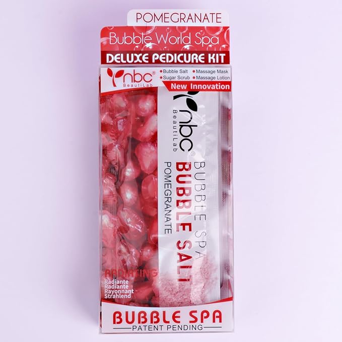 nbc BeautiLab Pedicure Kit Foot Soak Set: Bubble Salt, Sugar Scrub, Massage Mask, Massage Lotion in a Box, 4 Step Foot Spa Kit for Dry Feet,Tired Feet (1 Set Pomegranate)