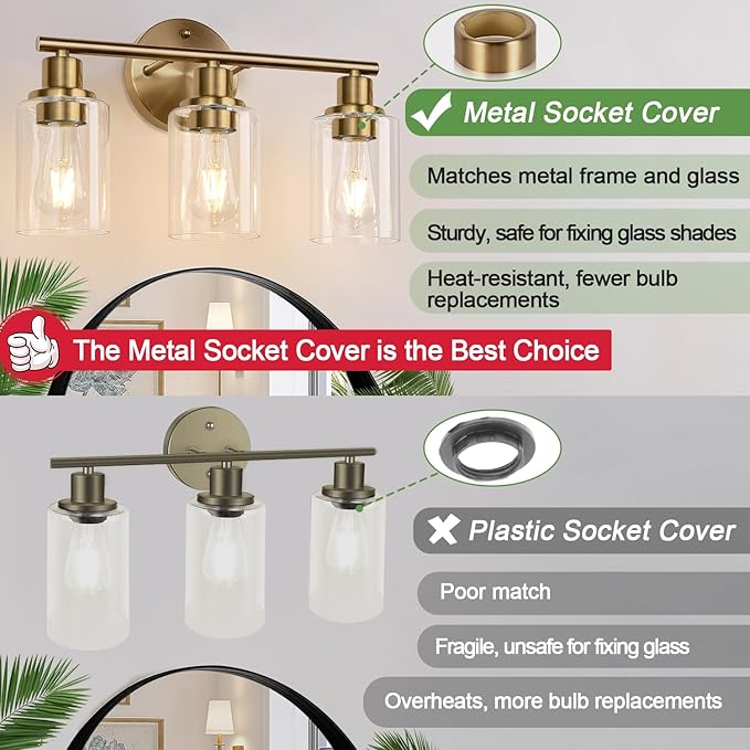 Zarbitta 3-Light Bathroom Light Fixtures, Brushed Brass Bathroom Wall Lights with Clear Glass Shade, Modern Bathroom Wall Lamp for Mirror Kitchen Living Room Hallway Cabinet