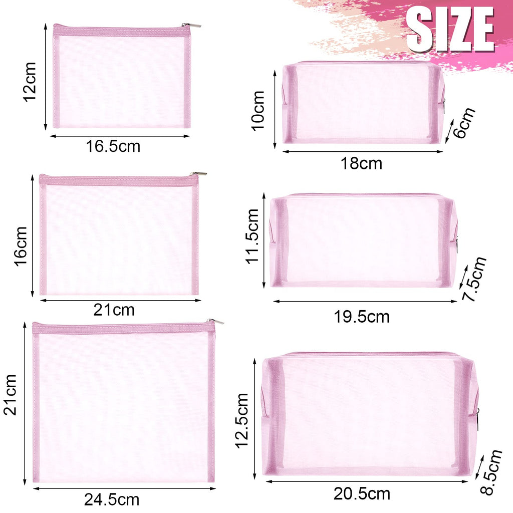 Boao 6 Pieces Mesh Makeup Bags Mesh Cosmetic Bag Portable Travel Organizing Zipper Pouch Toiletries Makeup Pouches for Home Office Travel Accessories(Light Pink)