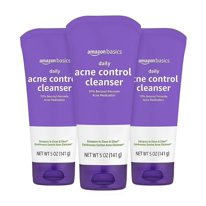 Amazon Basics Acne Treatment Face Wash - Daily Control Cleanser, Maximum Strength 10% Benzoyl Peroxide for Stubborn Breakouts, 5 Ounce (3-Pack)