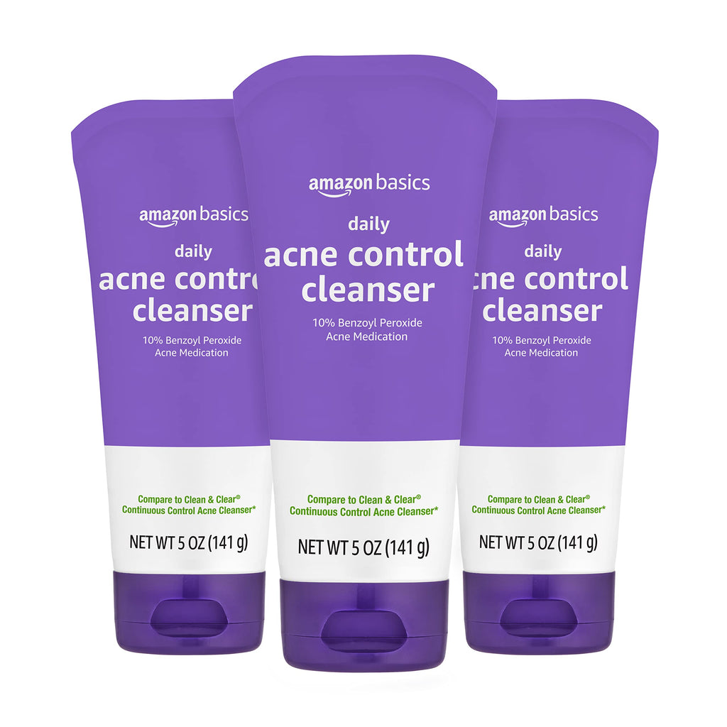 Amazon Basics Acne Treatment Face Wash - Daily Control Cleanser, Maximum Strength 10% Benzoyl Peroxide for Stubborn Breakouts, 5 Ounce (3-Pack)
