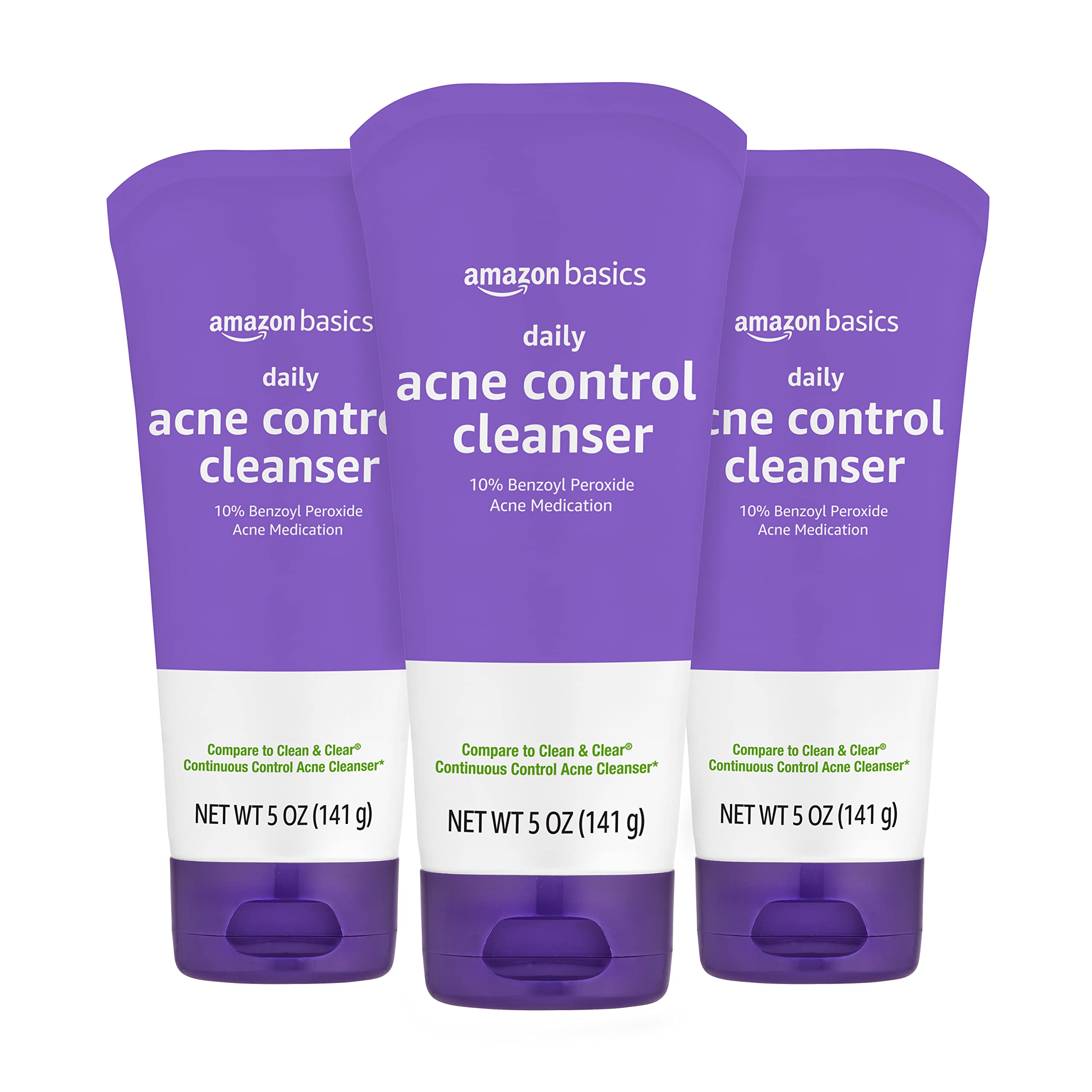Amazon Basics Acne Treatment Face Wash - Daily Control Cleanser, Maximum Strength 10% Benzoyl Peroxide for Stubborn Breakouts, 5 Ounce (3-Pack)