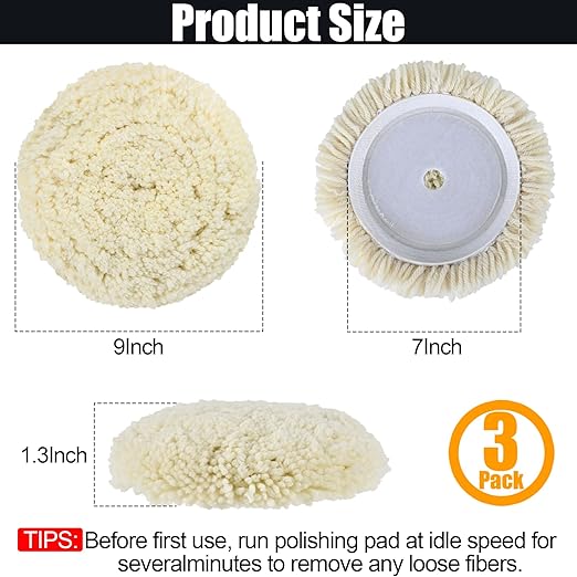 3 PCS Wool Buffing Polishing Pads 7 Inch, Natural Wool Cutting Pads with Hook and Loop Backing Compound & Polishing for Automotive Car Boats Glass Furniture Repair