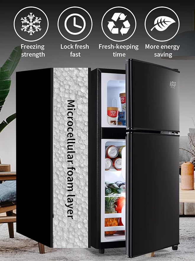 KRIB BLING Refrigerator 3.5 Cu.Ft with Freezer,Vintage Double Door,Lock Fresh,7 Level Adjustable Thermostat ct for Dorm, Bar, Office,Kitchen, Apartment，Black