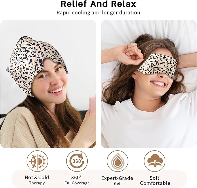 Migraine Relief Cap, Gel Cooling Relief 2 Pack Set, Hot Cold Therapy, Natural Relief Cap, Instant Headache Relief Gift for Women Men, Sinus Relief, Puffy Eyes,Tension, Stress Relief