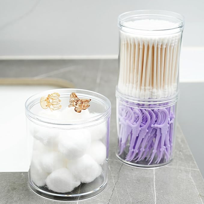 SheeChung 2-Pack Stackable Qtip Holder with Storage Lids - Clear Plastic Apothecary Jars for Bathroom Organization - Shatterproof Cotton Swab Dispenser with Labels - 10oz Vanity Counter Organizer