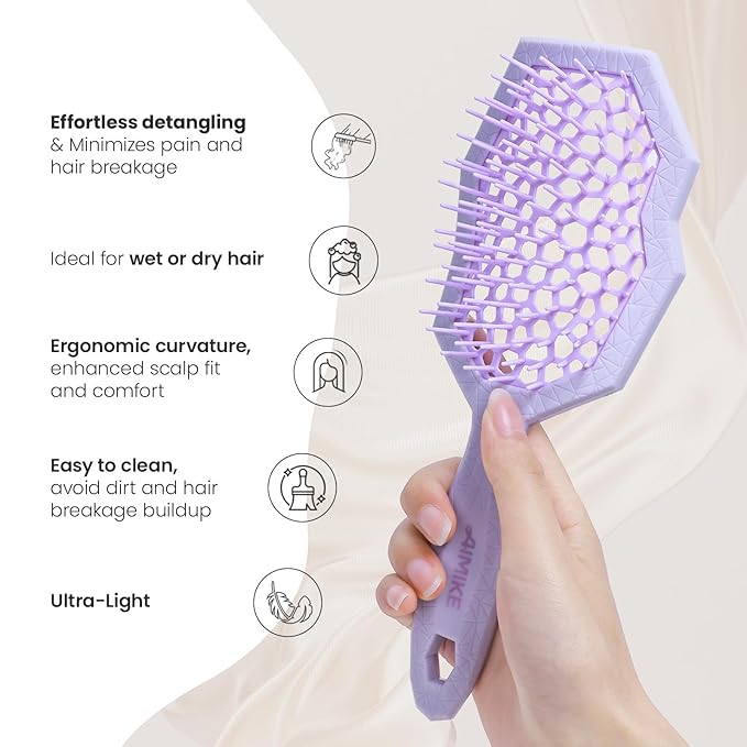 AIMIKE Glacier Detangling Brush, Pain-Free Detangler Brush for Curly Hair Wet & Dry Use, Vented Hairbrush for 2C-4C Curls, Helps Reduce Breakage, Purple