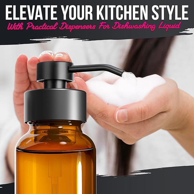 2 Pcs Amber Glass Foaming Soap Dispenser - 8.5 Oz Refillable Glass Foaming Hand Soap Dispenser, Non-Slip Bottom, 6 Moisture-Resistant Labels - Elegant Pump Bottles for Bathroom & Kitchen Counter Decor