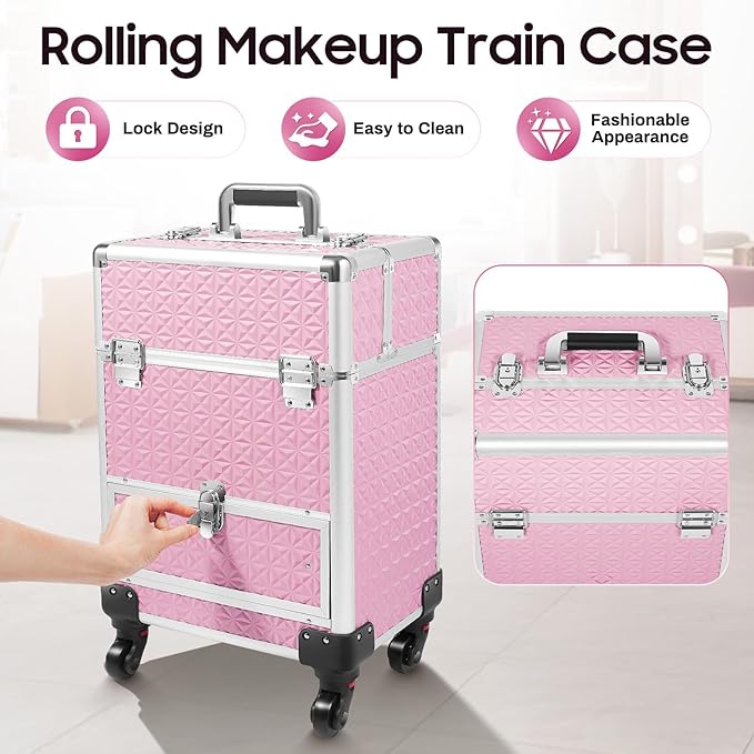 GUEYYSAN Rolling Makeup Case, Nail Storage Box with Wheels Portable Makeup Trolley for Beauty Studio Hairdressers Nail Technician (Pink)