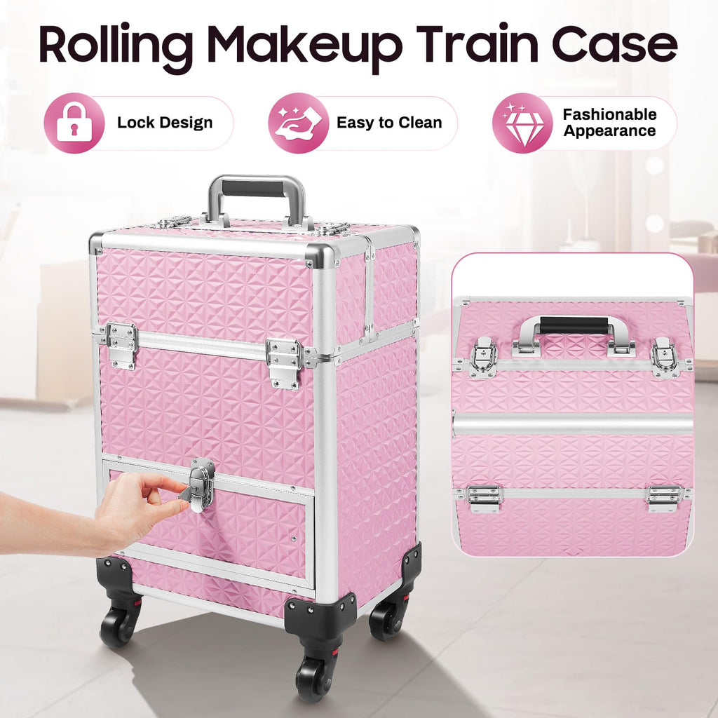 Fronimo Pink Rolling Makeup Case with 4 Trays and Large Drawer Nail Travel Case on Wheels for Professional Stylists Portable Beauty Organizer