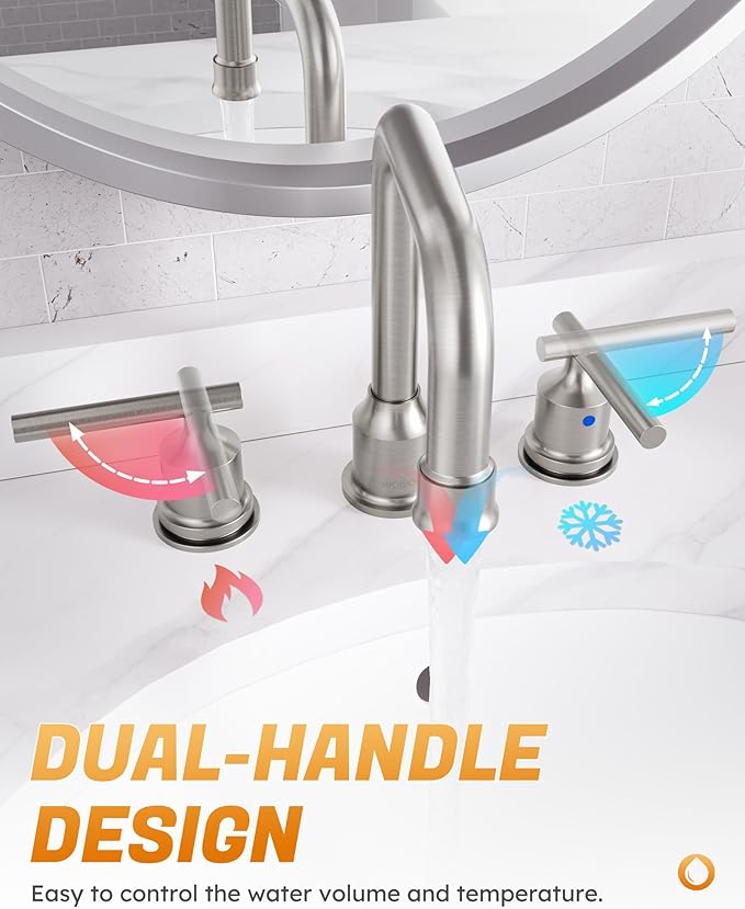 WOWOW 2 Handles 8 inch Widespread High Arc Bathroom Faucet Brushed Nickel Lavatory Faucet 3 Hole 360°Swivel Spout Modern Sink Basin Faucets