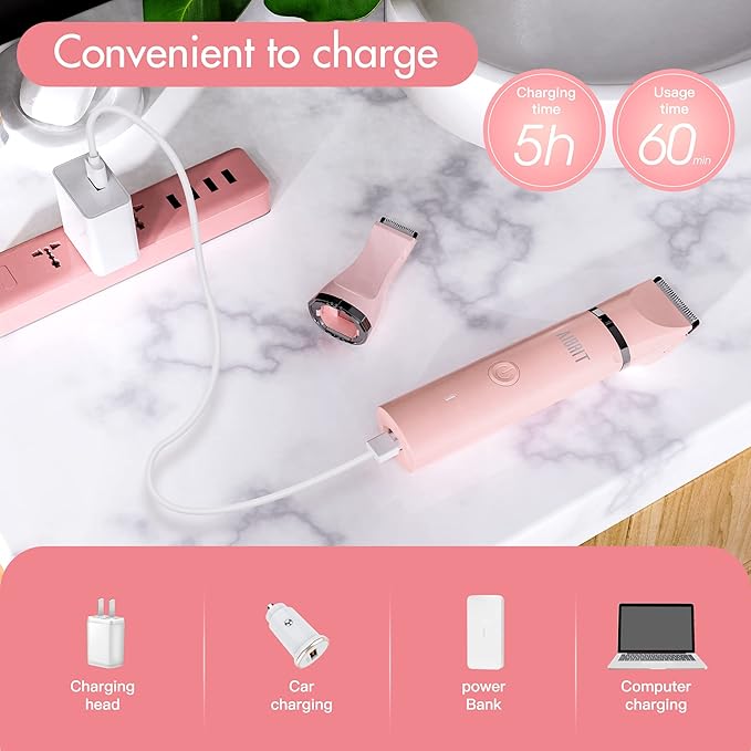 Electric Bikini Trimmer for Women - 2 in 1 Electric Lady Clipper Pubic Hair Groomer Painless Hair Removal Razor Body Shaver, Portable Ladies Shaver with 2 Trimmer Heads, IPX7 Waterproof