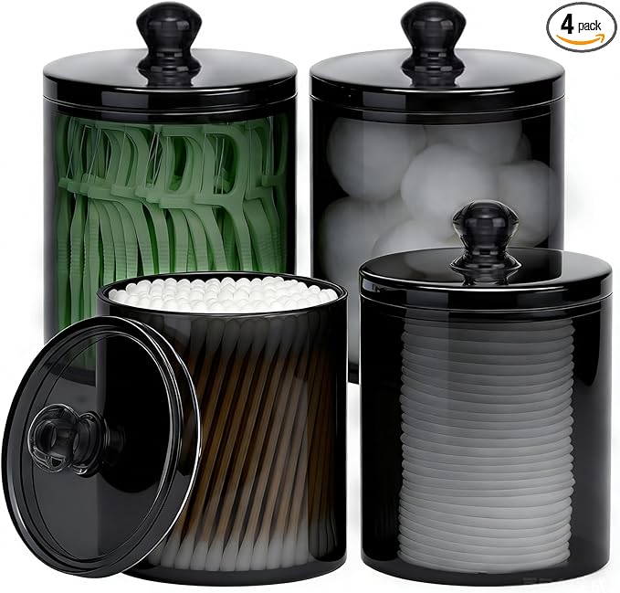 MateeyLife Small Storage Organizer 4 Pack, Acrylic Makeup Organizers for Vanity, Clear Bathroom Vanity Organizer 10oz Q tip Holder, Bathroom Organizers and Storage Set (Black)