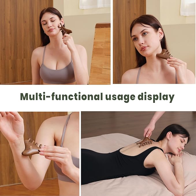 Mother’s Day Gift for Mom, 4-in-1 Wooden Gua Sha Facial Tools & Hair Detangler Brush Set – Manual Guasha tool for Face & Jawline Lifting, Scalp & Head Massager, ,Self Care Relaxation Gifts for Women