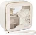 PACKISM Structured Clear Makeup Bag - Faux Leather Cosmetic Pouch with Reinforced Frame, Stand-Up Toiletry Organizer for Purse & Car Console, Mini White