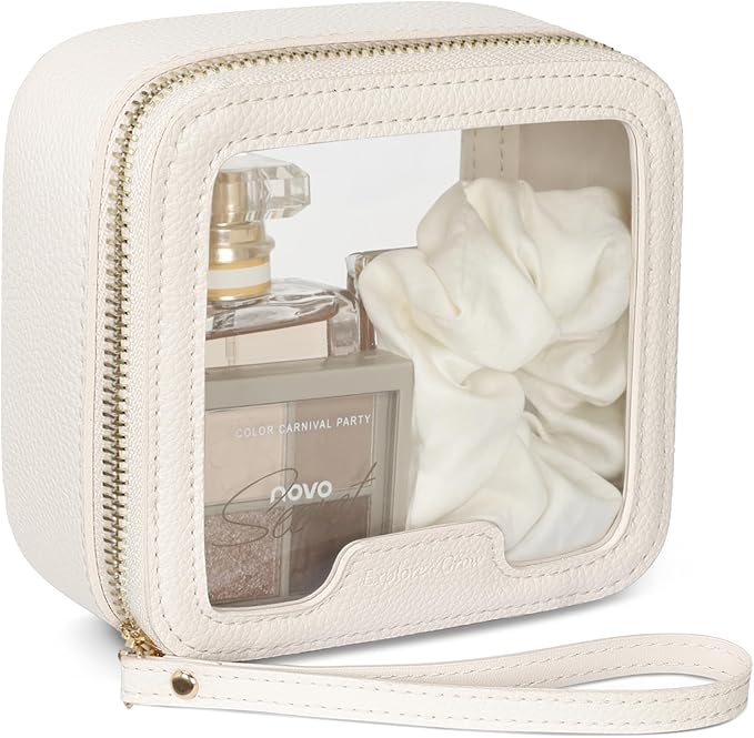 PACKISM Structured Clear Makeup Bag - Faux Leather Cosmetic Pouch with Reinforced Frame, Stand-Up Toiletry Organizer for Purse & Car Console, Mini White