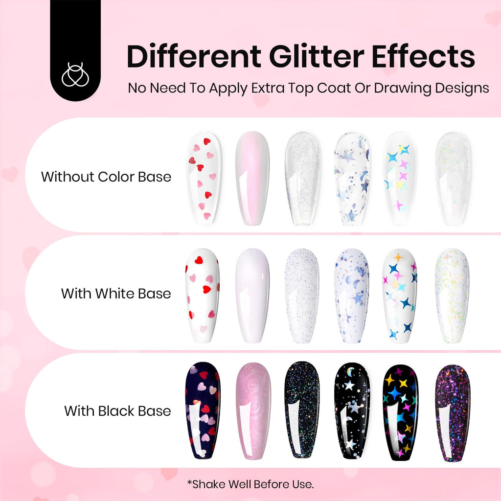 beetles Gel Polish 6Pcs Heart Star Reflective Glitter Gel Top Coat Set, Clear Pink Color Pastel Nail Polish No Wipe Top Coat Long Lasting Highly Shine Soak Off Uv Gel Art