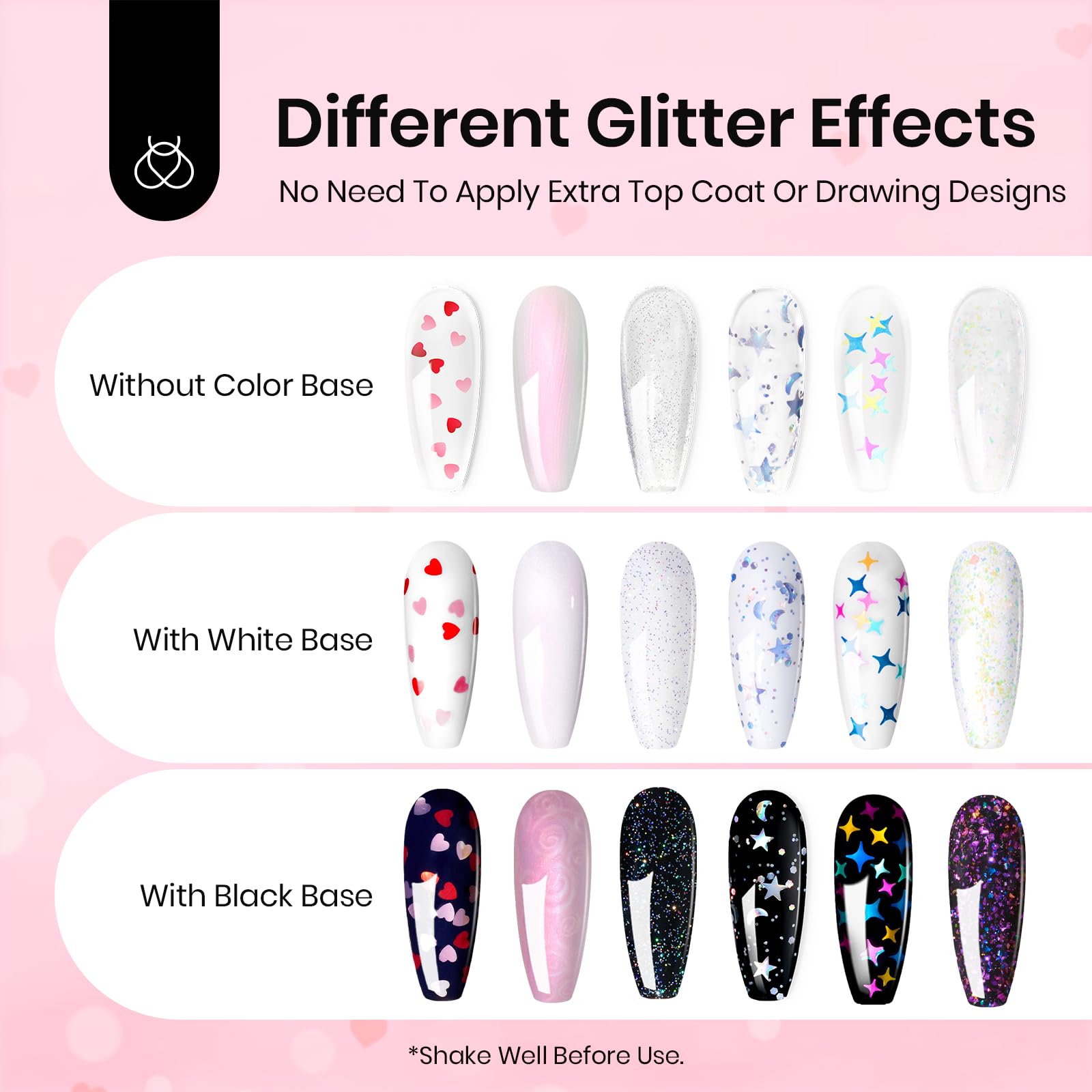 beetles Gel Polish 6Pcs Heart Star Reflective Glitter Gel Top Coat Set, Clear Pink Color Pastel Nail Polish No Wipe Top Coat Long Lasting Highly Shine Soak Off Uv Gel Art