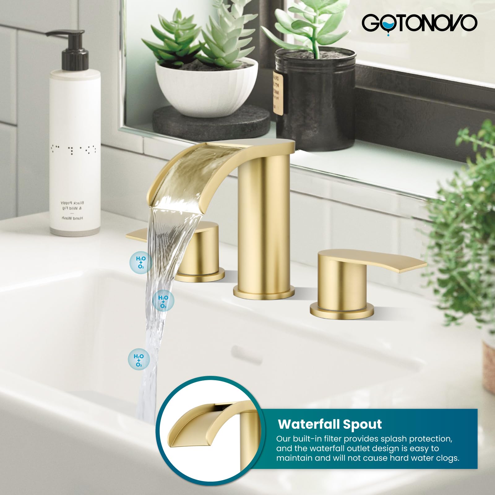 gotonovo Waterfall Bathroom Faucet 3 Hole Round Body,Brushed Gold