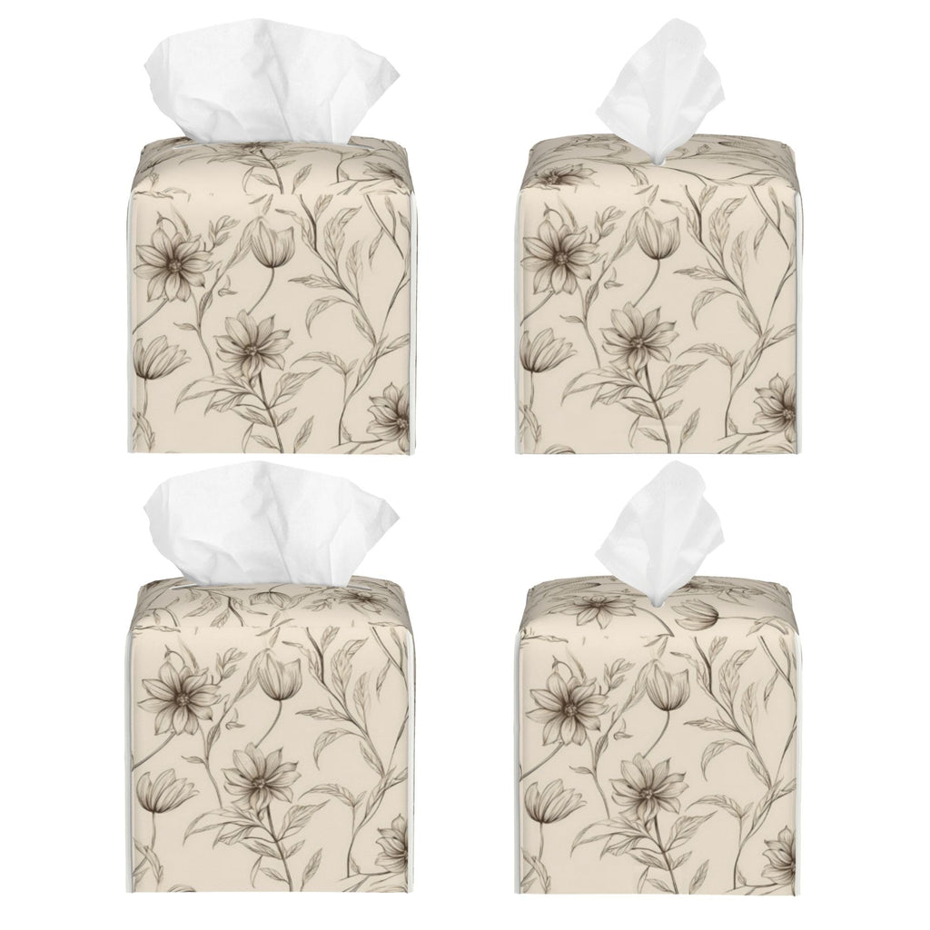 Boho Minimalist Flowers Tissue Box Cover Square, Abstract Line Floral Tissue Box Holder Waterproof Leather Facial Paper Organizer Dispenser for Bathroom Home Car Nightstand Vanity Desk