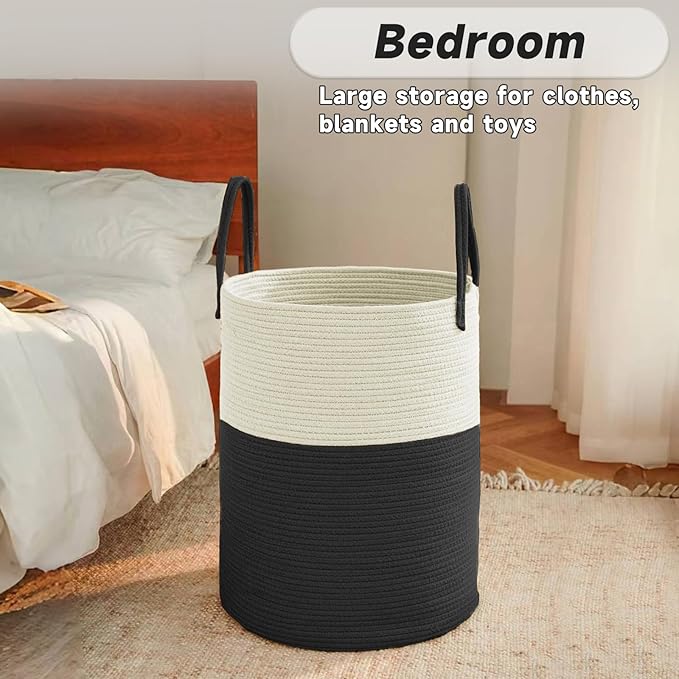 JMvicyroam Large Woven Laundry Basket Hamper,80L Cotton Rope Storage Bin for Blankets,Toys and Clothes,Decorative Tall Nursery Hamper for Living Room,Baby Nursery,Bathroom and Bedroom,White and Black