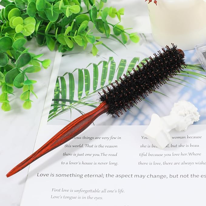 Mozeat Lens Hair Brush, Small Round Boar Bristle Styling Brush with Nylon Pins and Wooden Handle, Volumizing Hair Brush for Straightening Curling Detangling, Travel Size