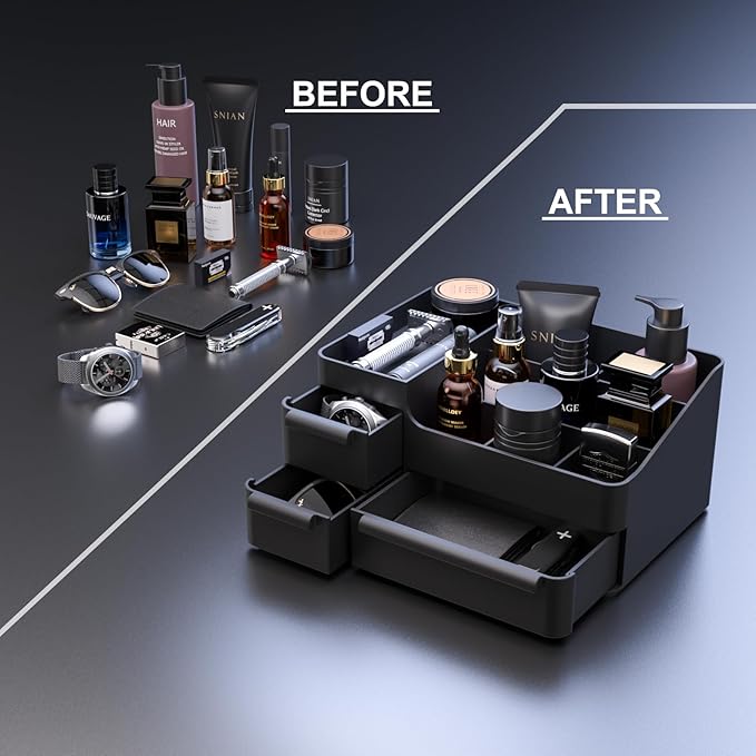 Rasydyn Men's Cologne Organizer with Drawers: Black Men Bathroom Counter Organizer, Dresser Organizer for Shaving Kit, Skincare, Gifts for Men
