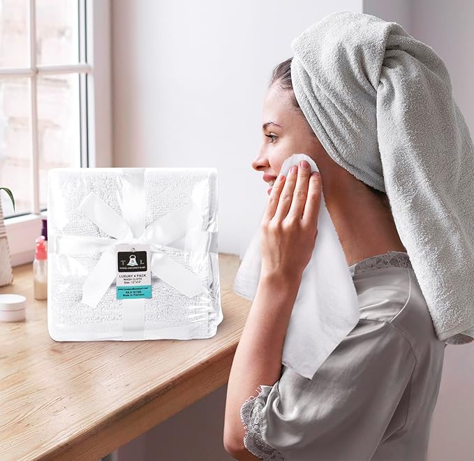 Towel and Linen Mart 100% Cotton- Wash Cloth Set -Pack of 4,Quick Dry,Luxurious,Absorbent,Soft Feel Spa & Hotel Perfect for Daily Use (12X12 White)