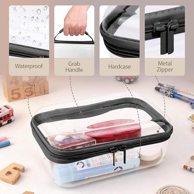 JZRTravel 3 Pack Clear Hard Shell Zipper Case with Handle Waterproof PET Hard Plastic Storage Pouches for Toiletry Makeup Cosmetic Toys Art Supplies Case Bag Organizer Travel Essentials