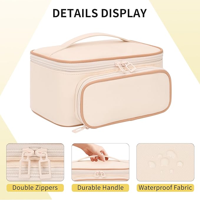 OCHEAL Makeup Bag, Multifunctional Large Cosmetic Organizer Toiletry Brushes Storage Case for Women Girls with Handle Divider - Beige