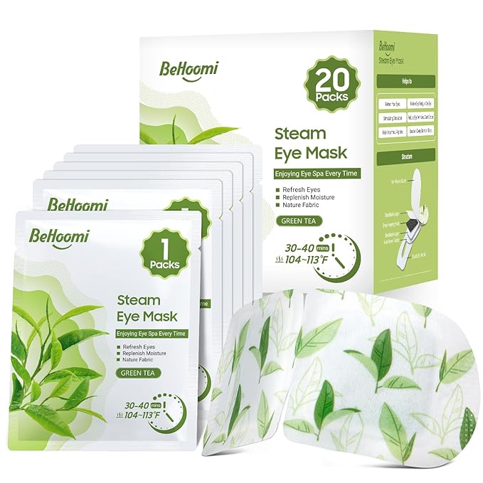 BeHoomi 20 Packs Steam Eye Mask, Heated Eye Mask Warm Compress for Eyes, Disposable Self Heating Steam Mask for Home, Sleep, Spa, Travel Essentials & Relaxation Gifts for Women (Green Tea)