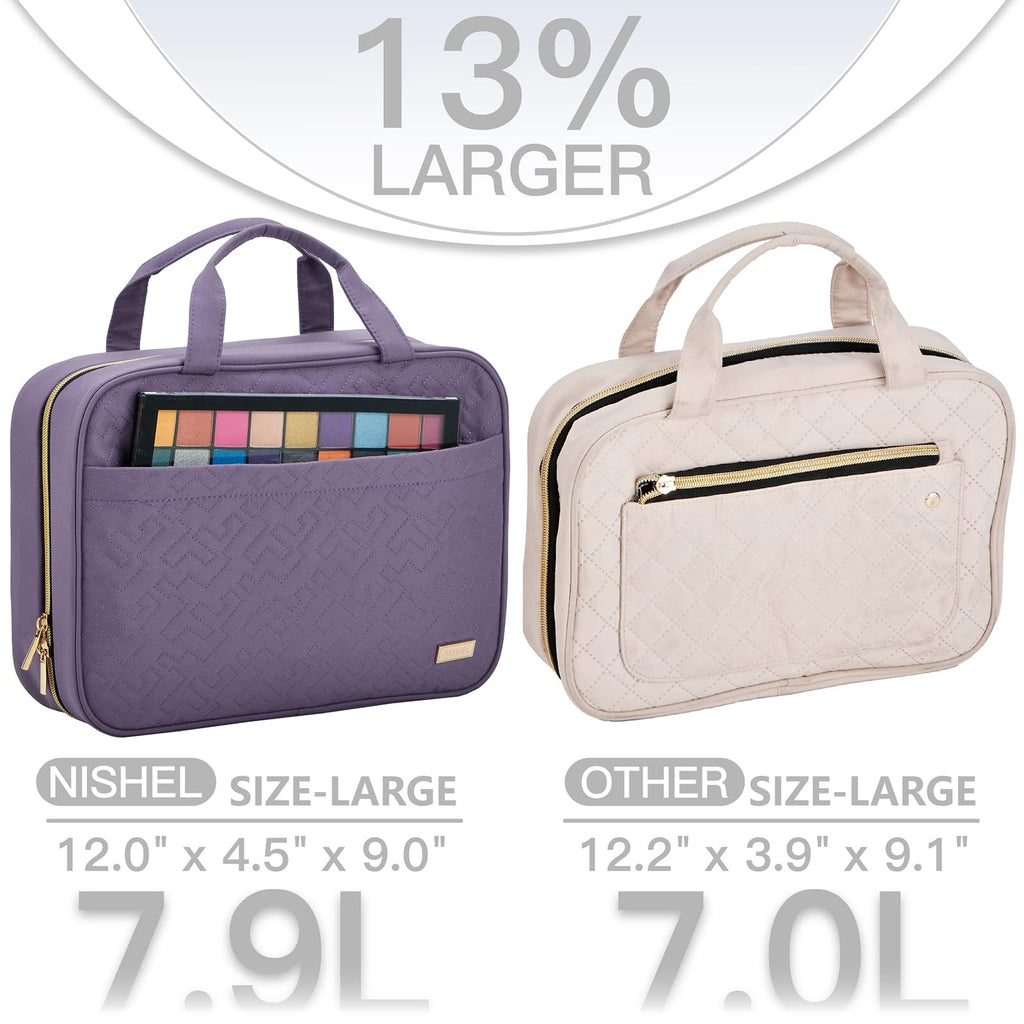 NISHEL Travel Toiletry Bag for women, Portable Hanging Organizer for Full-Sized Shampoo, Conditioner, Brushes Set, Makeup Accessories, Large Size, Purple