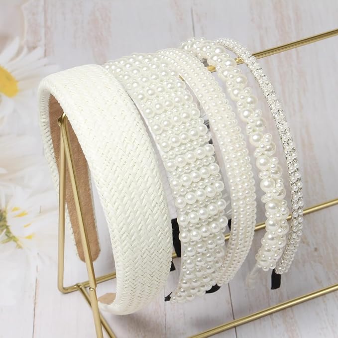 Cuizhiyu Pearl Headbands for Women Girls Wide Padded Straw Headband Cute White Pearl Dainty Headbands Bling Wedding Hairbands Hair Accessories Pack of 5 (Color B)