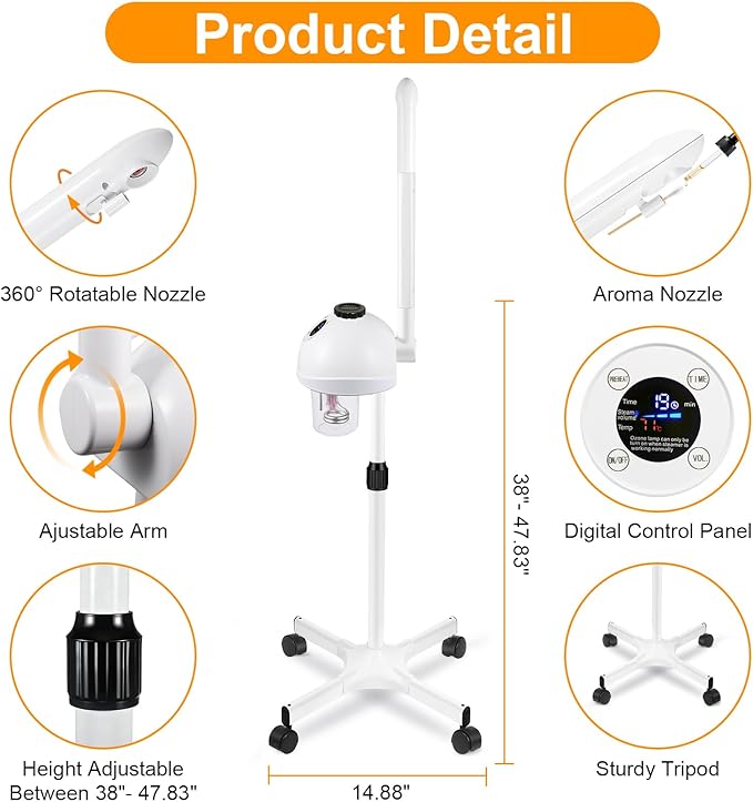 Professional Facial Steamer, Vaporizador Facial with Steam Adjustable & Timer, Movable Arm, Preheating Esthetician Steamer, Home Beauty Salon SPA