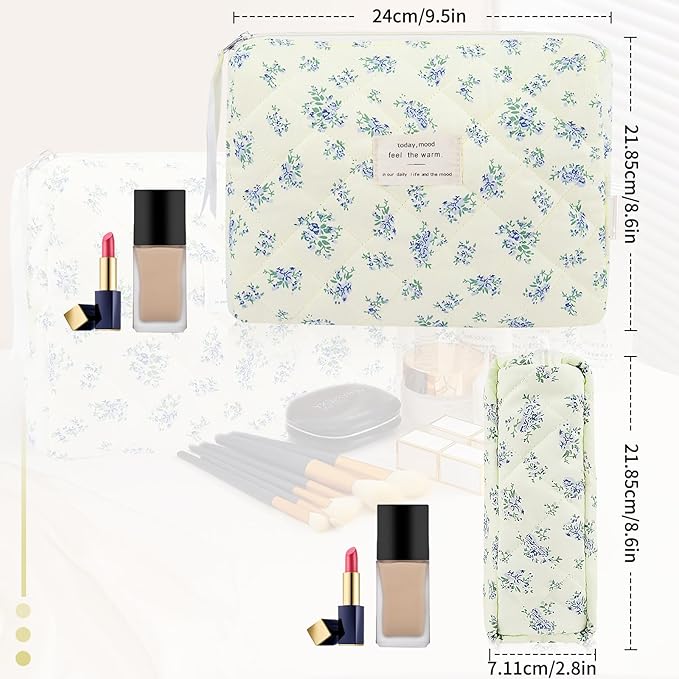 Gosect Floral Makeup Bag, Small Cosmetic Bag for Women Girls, Cute Cotton Makeup Bag, Quilted Makeup Bags, Flower Travel Toiletry Organizer Bag(LSHH)