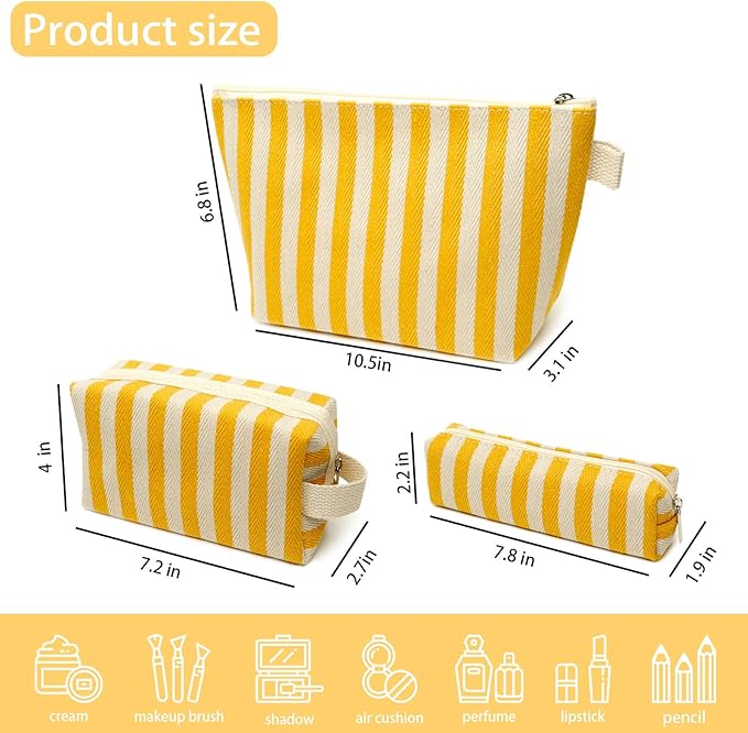 Beayuva 3 Pcs Makeup Bag Set Striped Canvas Purse Cosmetic Bag For Women Travel Toiletry Pouch Organizer pencil case (Yellow-White)