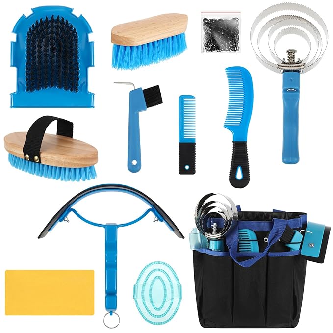 Abbylike 12 Pieces Horse Grooming Kit with Organizer Tote Bag Tack Room Supplies Horse Brush Sets Equine Care Cleaning Kit Shedding Grooming Massaging Tools(Blue)