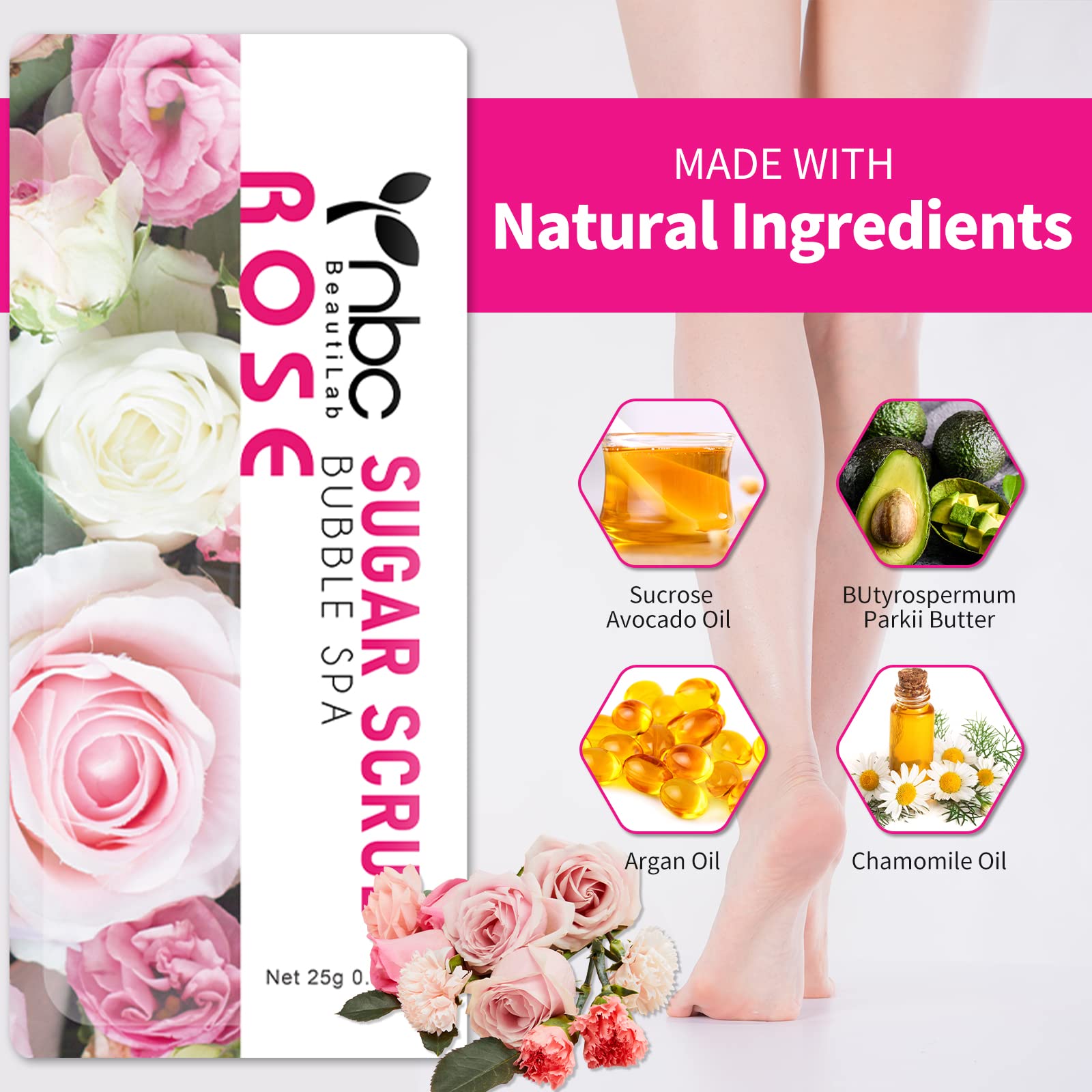nbc BeautiLab Foot Exfoliating Scrub, Sugar Scrub, Dead Skin Remover for Feet, Individually Packaged Foot Scrub Smooths, Hydrates, Detoxifies Tired and Dry Cracked Feet 16 Packs per Box, Rose