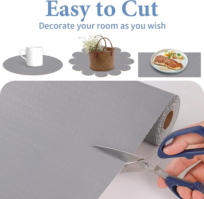 Shelf Liners for Kitchen Cabinets Non Adhesive Drawer Liner 12in x 20FT Pure Grey Thickened Shelf Liner Strong Non-Slip Easy to Clean for Tool Box Refrigerator with Knife and Tape Measure