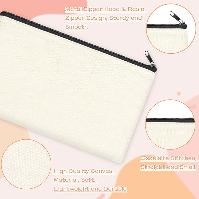 ZeeDix 36 Packs Beige Canvas Pouch- Multi-purpose Cosmetic Bag with Zipper, Blank DIY Craft Canvas Zipper Pouch, Travel Toiletry Bag (8.3 x 5 inches)