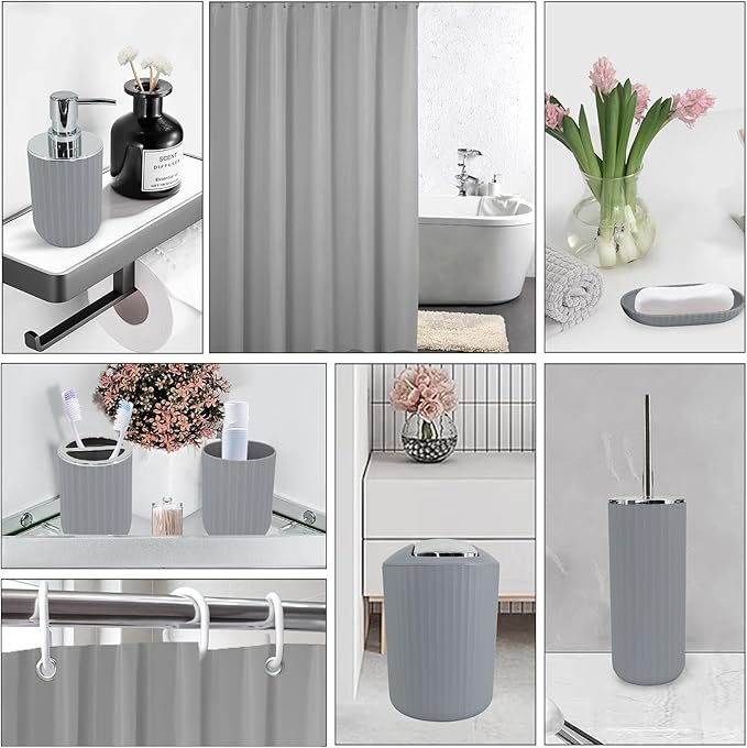 Grey Bathroom Accessories Set, 10Pcs Bathroom Accessory Sets Complete with Trash Can, Shower Curtain, Vanity Tray, Soap Dispenser, Soap Dish, Toothbrush Holder&Cup, Toilet Brush&Holder, Qtip Holder