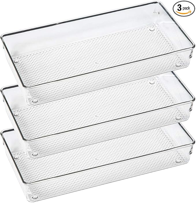ihomecooker 3 Pack Large Clear Plastic Drawer Organizer Tray Cutlery Utensil Makeups Drawer Organizers 12" X 6"