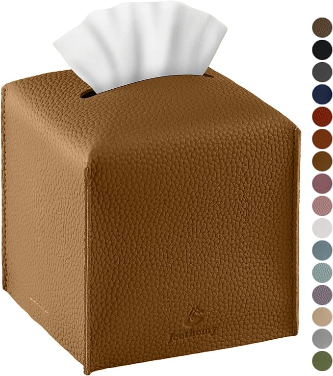 Tissue Box Cover, Jeethemy Square PU Leather Tissue Box Holder, Modern Tissue Case Facial Paper Organizer Dispenser，5X5X5'',Single Bronze