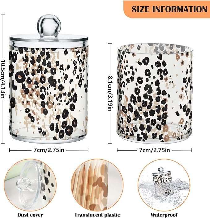 2 Pack Qtip Holder Dispenser for Cotton Ball Brown Floral Leopard Print Cotton Swab Round Pads Clear Plastic Acrylic Jar Set Bathroom Canister