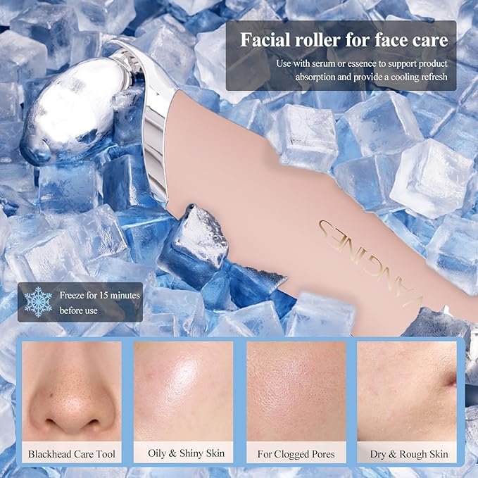 Vangines Blackhead Remover Tool with Ice Roller, Stainless Steel Face Scraper, Skin Scrubber Face Spatula for Deep Cleansing, 3-in-1 Skin Care Tool with 2 Silicone Brush Heads(Dusty Rose)