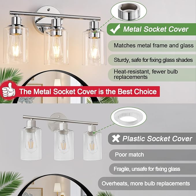 Zarbitta 3-Light Bathroom Light Fixtures, Chrome Bathroom Wall Light with Clear Glass Shade, Bathroom Wall Lamp for Mirror Kitchen Living Room Hallway Cabinet