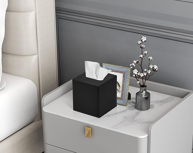 GOLRANLYE Tissue Box Cover Square PU Leather Facial Tissue Box Holder for Dresser Bathroom Decor (Black)