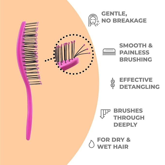 Ninabella Mini Spiral Hairbrush - Detangle Hair Brush - For Brushing Wet or Blow Dry Hair - Detangler Vent Brush - Hairbrushes for Travel - Neon Pink